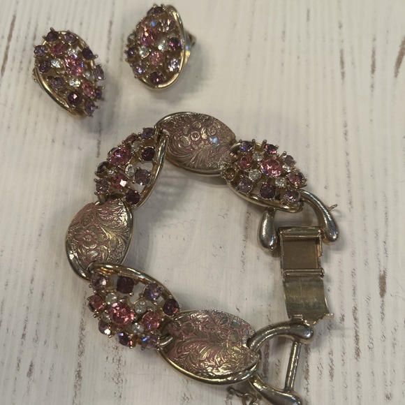 Vintage Rhinestone Enamel Bracelet Earrings Pink Purple‎ Floral Demi Parure